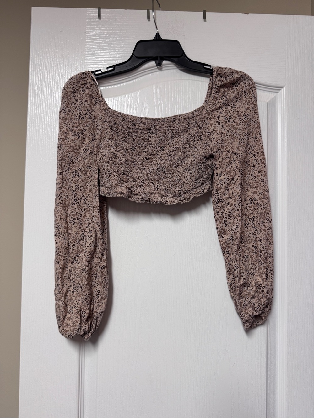Japna Taupe Floral Smocked Long-Sleeve Crop Top